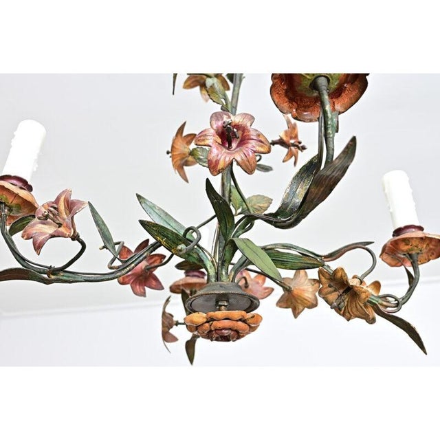 Metal French Vintage Tôle Painted Floral Chandelier For Sale - Image 7 of 13