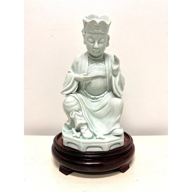 Andrea by Sadek Blue Porcelain Buddha Figurine on Stand For Sale - Image 11 of 11
