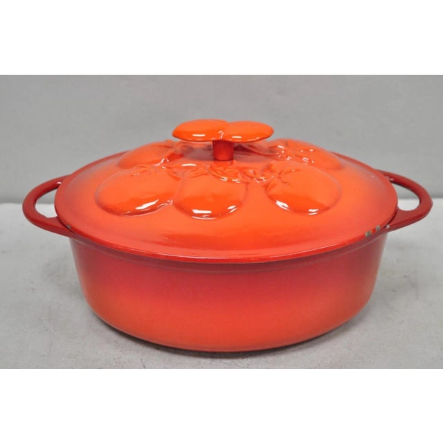 Technique 4 Quart Red Cast Iron Dutch Oven Covered Pot With Tomato Design on Lid For Sale - Image 13 of 13