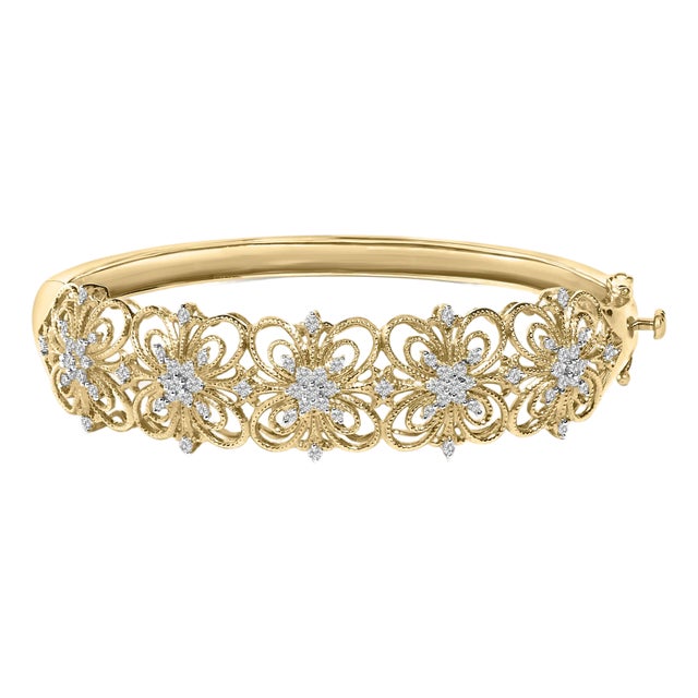 14K Gold 1.00 Cttw Diamond Vintage Inspired Floral Bangle Bracelet (H-I Color, SI1-SI2 Clarity) - 7.75" Inches For Sale