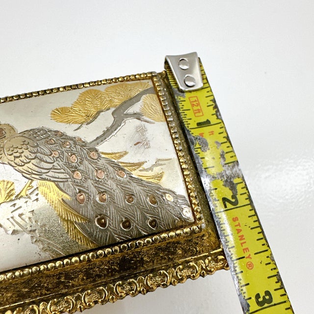 Vintage Japanese Chokin Jewelry Box, Peacock Trinket Box, Gilded Metal Keepsake Box, Made in Japan, Gold Tone Vanity Decor For Sale - Image 12 of 12
