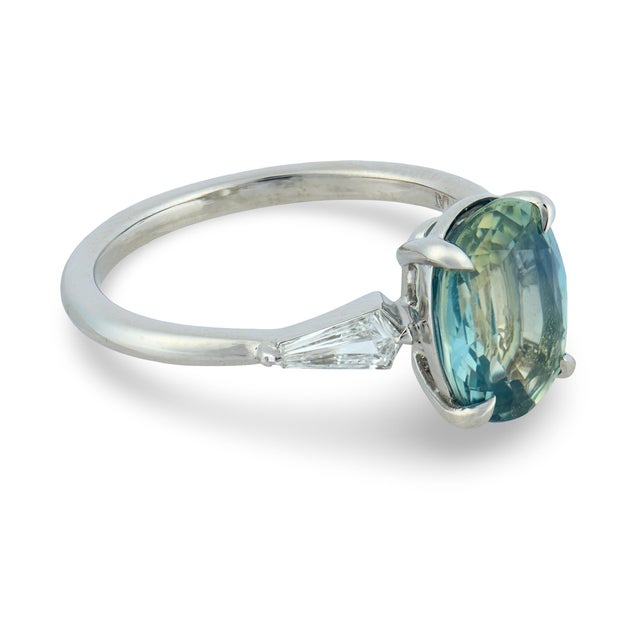 Mid 20th Century Gia 2.60 Carat Teal Sapphire Diamond Platinum Engagement Ring, Size 6.5 For Sale - Image 4 of 7