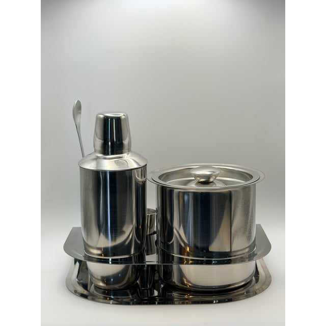 Late 20th Century Complete Vintage Mid-Century Modern Stainless Steel Bar Set With Ice Bucket, Cocktail Shaker & Serving Tray - 5 pcs For Sale - Image 5 of 8