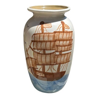1970s Ceramic Painted Vase With Pirate Ship Accents For Sale