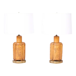 1960s Mid Century Asian Modern Faux Leather Table Lamps - a Pair