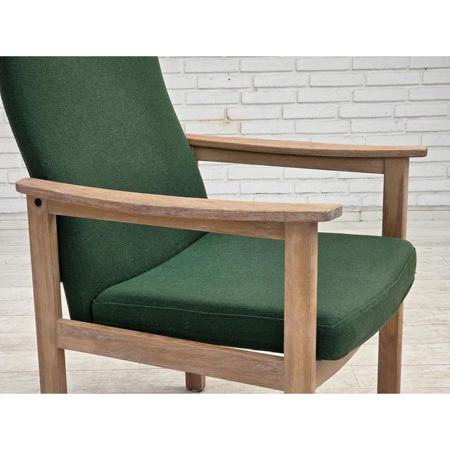 1980s, Danish armchair. Green furniture wool, oak wood. Original good condition: no smells, no stains and stable...
