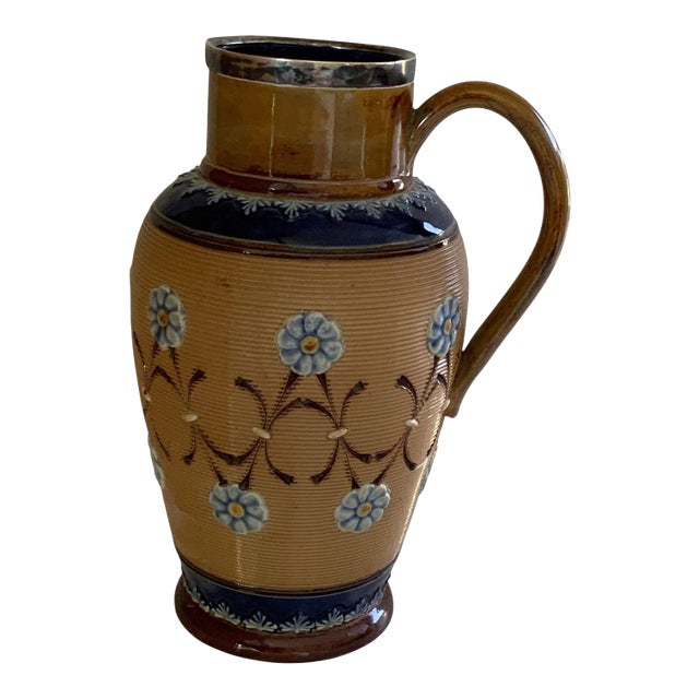 Antique Doulton Lambeth Stoneware Jug Ewer Pitcher Sterling Rim Made in London 1897 For Sale