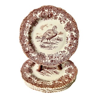 Antique Thanksgiving Turkey Ridgway Red Transferware Staffordshire 10” Shallow Soup Plates- Set of 5 For Sale