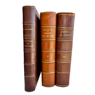 1950s Large Leather Bound Gold Gilt Books From Spain - Set of 3 For Sale