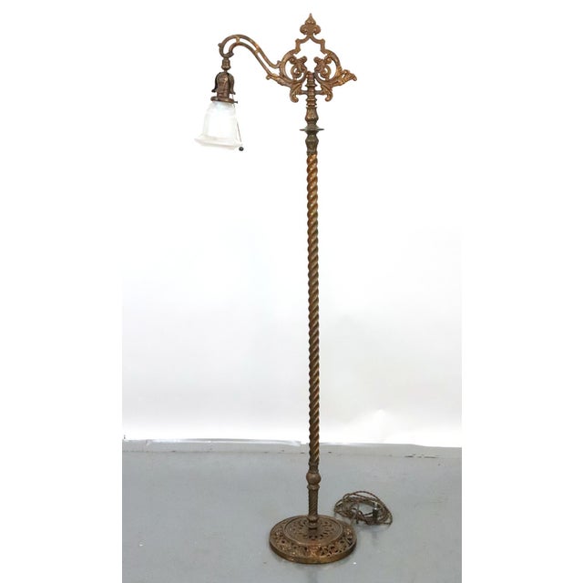 Brass Mid 20th Century Victorian Barley Twist Bridge Iridescent Glass Shade Floor Lamp For Sale - Image 8 of 12