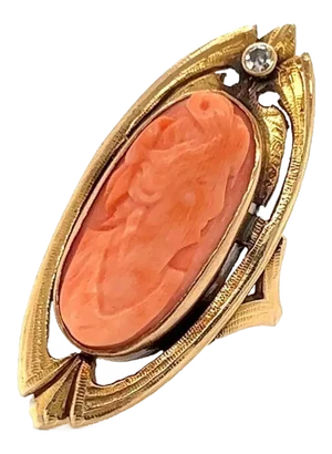 Diamond & Coral Cameo 14k Yellow Gold Long Finger Ring