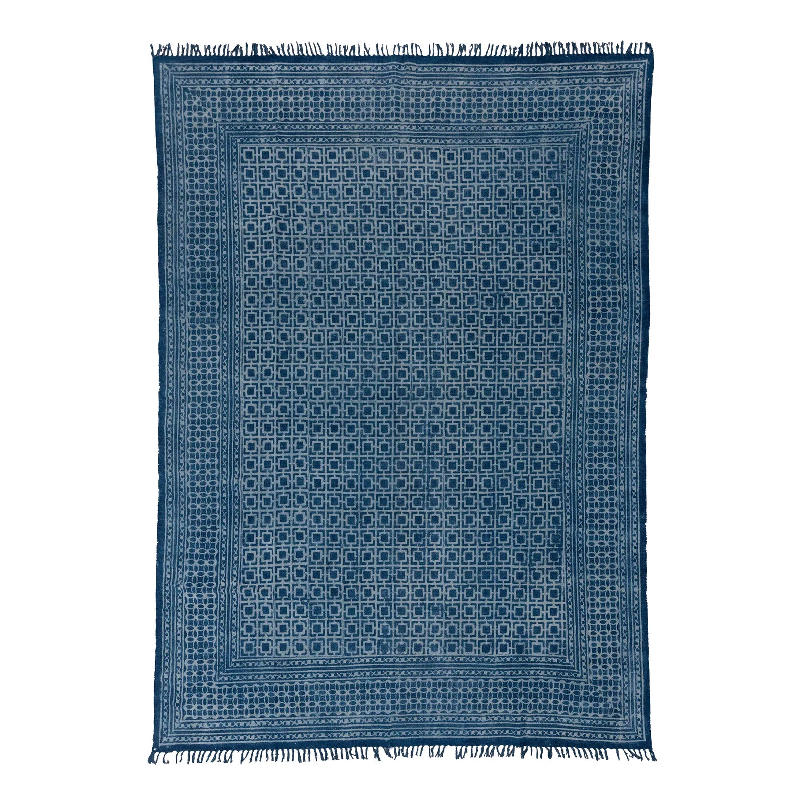 Blue Indigo Block Print Hand Woven Cotton Flatweave Kilim Rug, 6x9 Ft ...