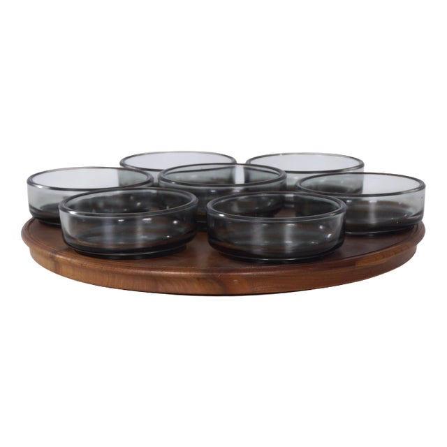 Vintage Teak Lazy Susan with Glass Bowls, 1960s, Set of 8 For Sale