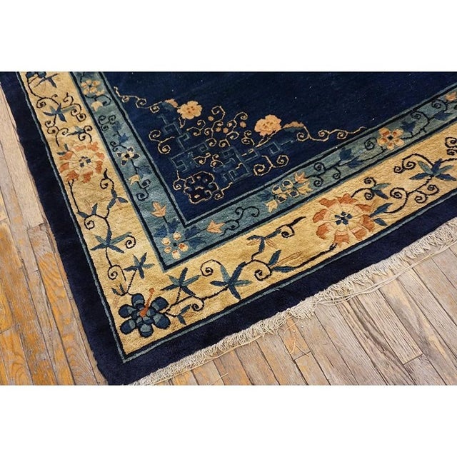 1930s 1930s Navy Blue 4 Pointed Star Medallion Antique Chinese Peking Room Size Rug For Sale - Image 5 of 9