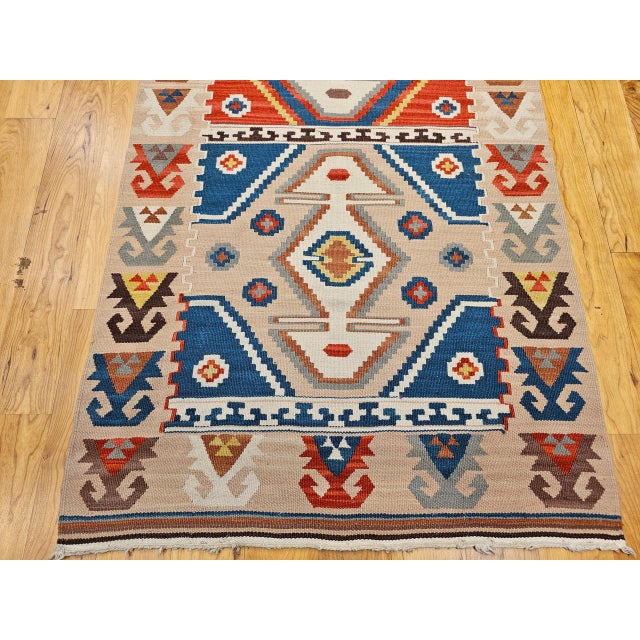 Vintage Turkish Tribal Kilim Runner, Handwoven Wool, Geometric Caucasian Pattern, Blue & Red, 3x8 For Sale - Image 10 of 17
