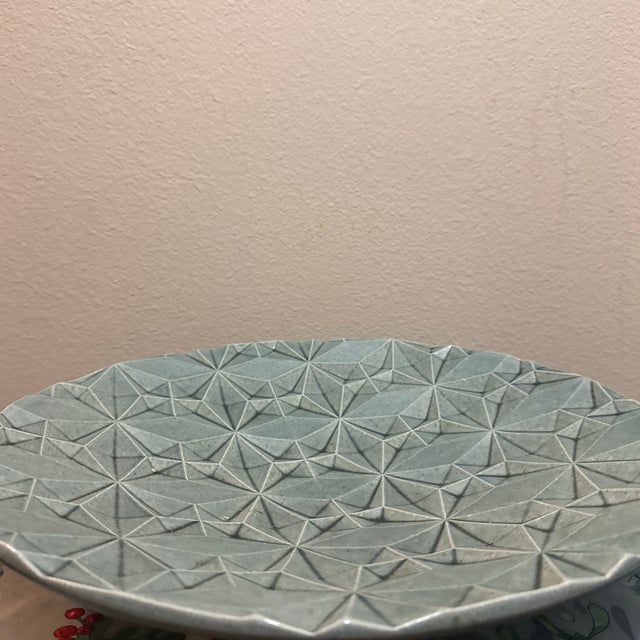 Ceramic Oversized Sage Ceramic Art Bowl With Raised Three-Dimensional Geometric Starburst Pattern For Sale - Image 7 of 7