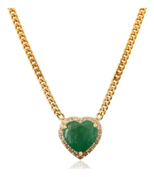 14k Yellow Gold 1.29Ct Heart-Shaped Natural Emerald & Diamond Pendant Necklace