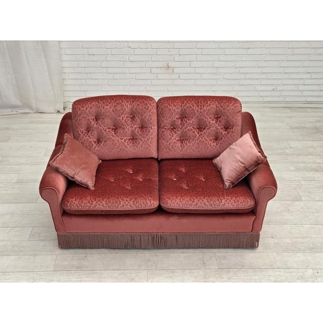 1980s, Scandinavian 2-seater sofa. Original pink furniture velour, beech wood legs. Original very good condition: no...