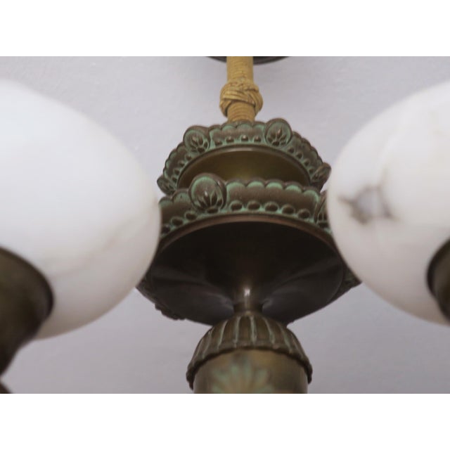 Boho Chic Antique Bronze and Alabaster Chandelier with Verdigris, 1910 For Sale - Image 3 of 12