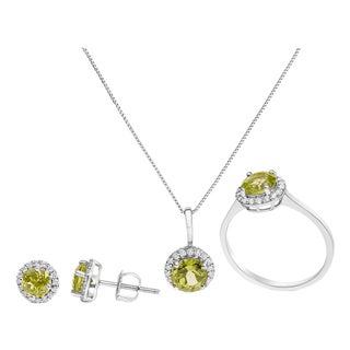 10K White Gold Green Peridot and 3/8 Cttw Diamond Halo Jewelry Set (Earrings, Pendant & Ring) For Sale