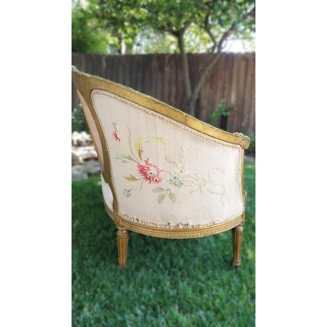 Late 19th C. Louis XVI Revival Giltwood Aubusson Tapestry Salon Suite | Canapé & Four Fauteuils For Sale - Image 16 of 18