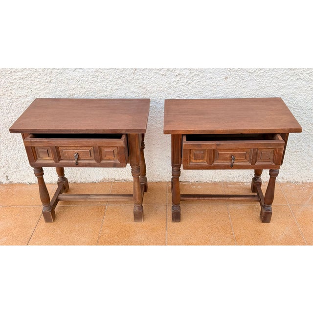 Mid-Century Spanish Wood Bedside Tables with Paneled Drawers, 1960, Set of 2 For Sale - Image 4 of 11