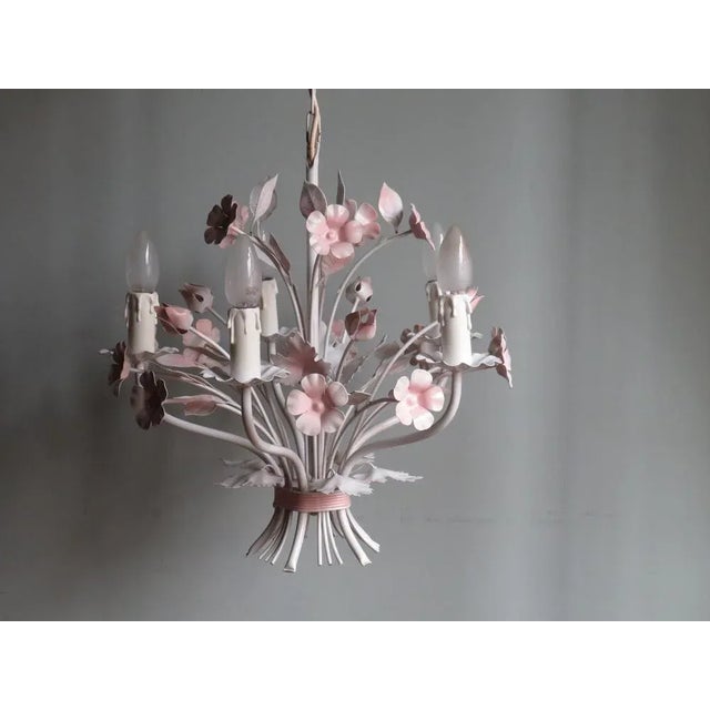 Vintage Italian Toleware Chandelier with Floral Motifs, 1960s For Sale - Image 4 of 11