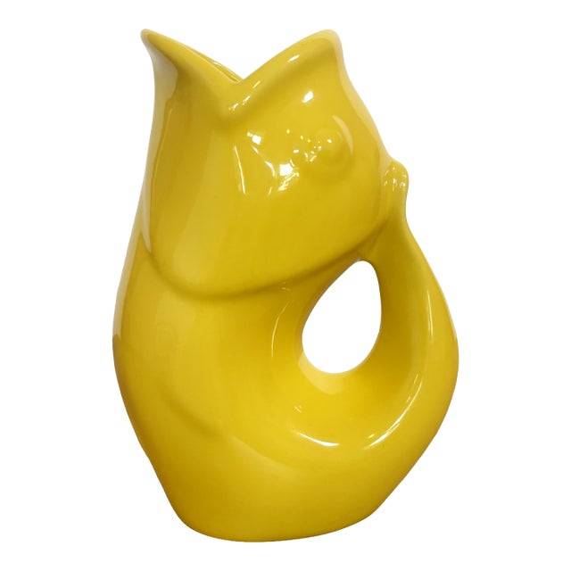 Yellow GurglePot Fish Pitcher Ceramic Vase 2006 Coastal For Sale