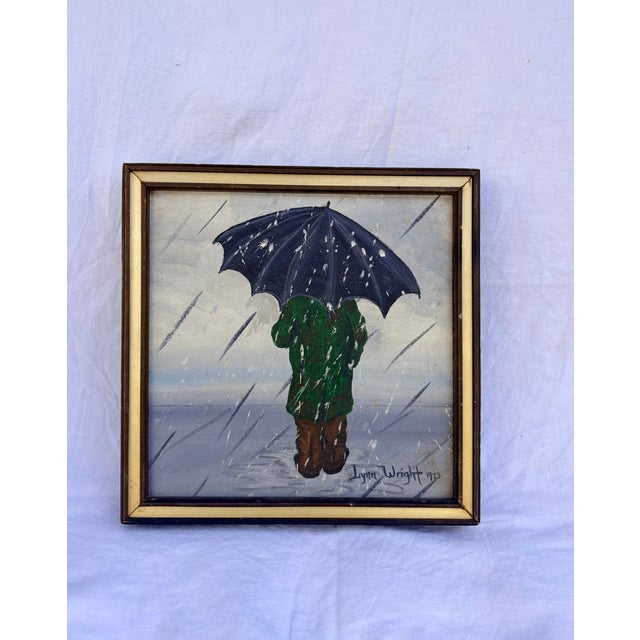 Postmodern 1973 Walking in the Rain Mid-Century Postmodern Impressionist Painting by Lynn Wright For Sale - Image 3 of 6