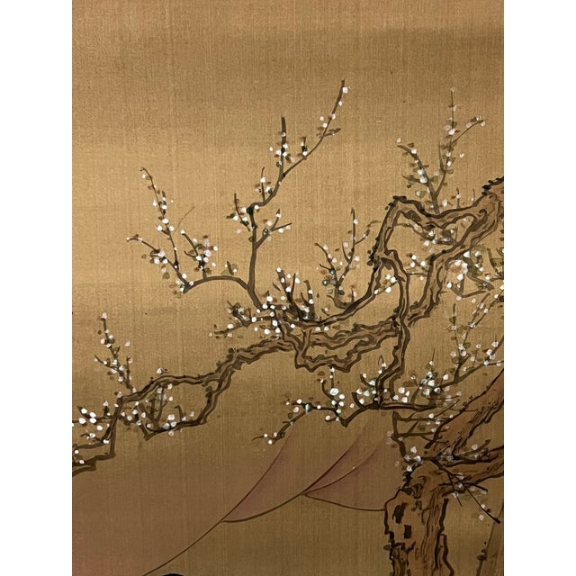 Vintage Chinese Art Scroll Painting Landscape Garden With People Design For Sale - Image 4 of 8