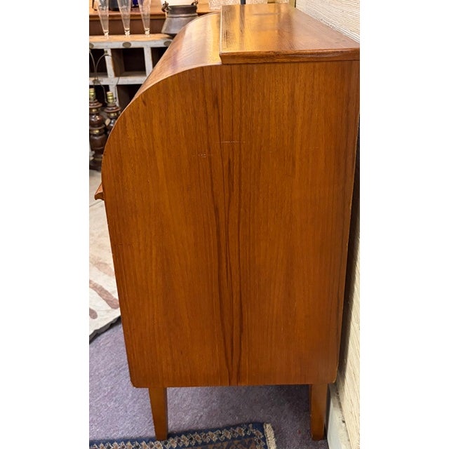 Mid-Century Modern Mid Century Swedish Bookmatched Teak Roll Top Secretary Desk by Egon Ostergaard for Smi, Signed For Sale - Image 3 of 13