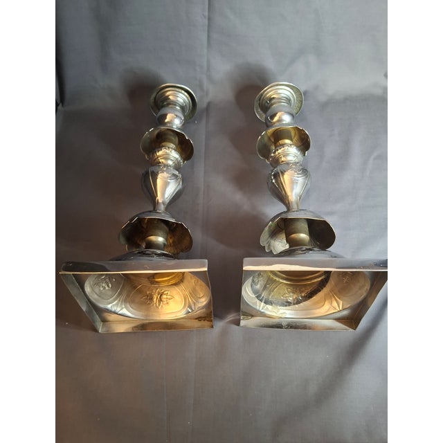 Antique Norblin Warszawa Silverplate Shabbat Candlesticks 12" Rose Judaica Pair 1890 For Sale - Image 13 of 18