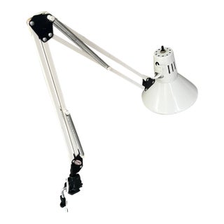 Vintage White Swing Arm Lamp With Clamp, Retro Adjustable Desk Light For Sale