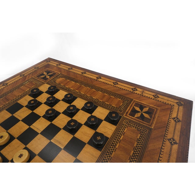Very Fine Antique Dated 1910 Inlay Checkerboard Two Tier Game Table Very Clean For Sale - Image 11 of 12