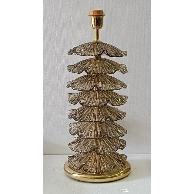 Mid-Century Murano Round Smoky Art Glass and Brass Table Lamp For Sale - Image 10 of 10