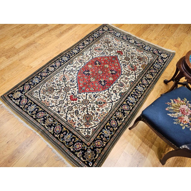 1900 - 1909 Vintage Qum Area Rug, Hand-Knotted Wool & Silk, Floral Medallion Pattern, 5x7, Ivory & Red For Sale - Image 5 of 18