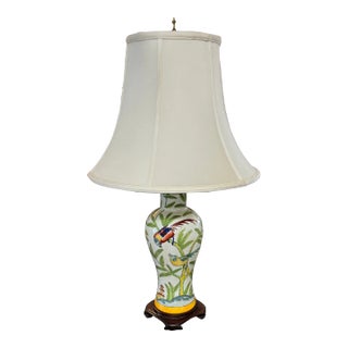 Chinoiserie Lamp Depicting Bamboo, Birds and Pagodas, Shade Included For Sale