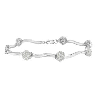 .925 Sterling Silver 1.0 Cttw Diamond Cluster Miracle-Set Station & Twisted Bar 7" Tennis Bracelet (H-I Color, I1-I2 Clarity) For Sale