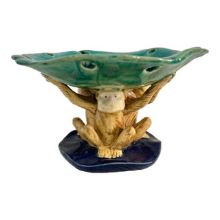 Vintage Majolica Style 3 Monkeys Holding a Lily Pad Compote or Shallow Dish For Sale