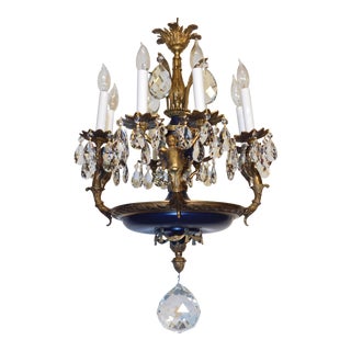 Antique 1940s Empire 4 Arm 8 Light Brass Lead Crystal Royal Blue Cherub Chandelier For Sale