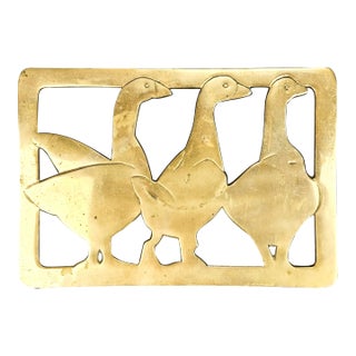 Vintage Solid Brass Duck Family Goose Trivet Stand For Sale