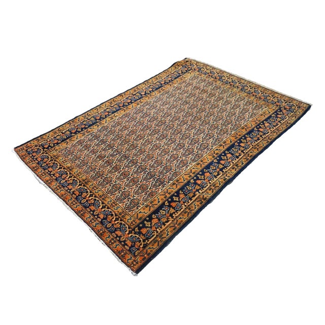 Persian Antique Persian Senneh Wool 4x6 Navy, Gold & Orange Handmade Area Rug #1143202 For Sale - Image 3 of 7