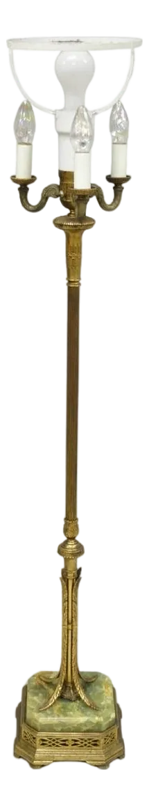 Antique Art Deco Brass & Green Onyx Pole Floor Lamp by Mutual Sunset Lamp Co.