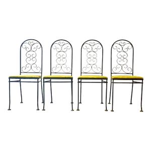 Vintage Arthur Umanoff Attributed Iron Chairs With Chartreuse Velvet Seats - Set of 4