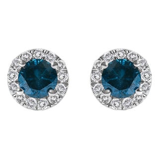 .925 Sterling Silver 1.00 Cttw Blue Diamond Halo Stud Earrings, Pair For Sale