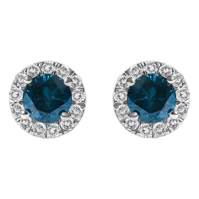 .925 Sterling Silver 1.00 Cttw Blue Diamond Halo Stud Earrings, Pair For Sale