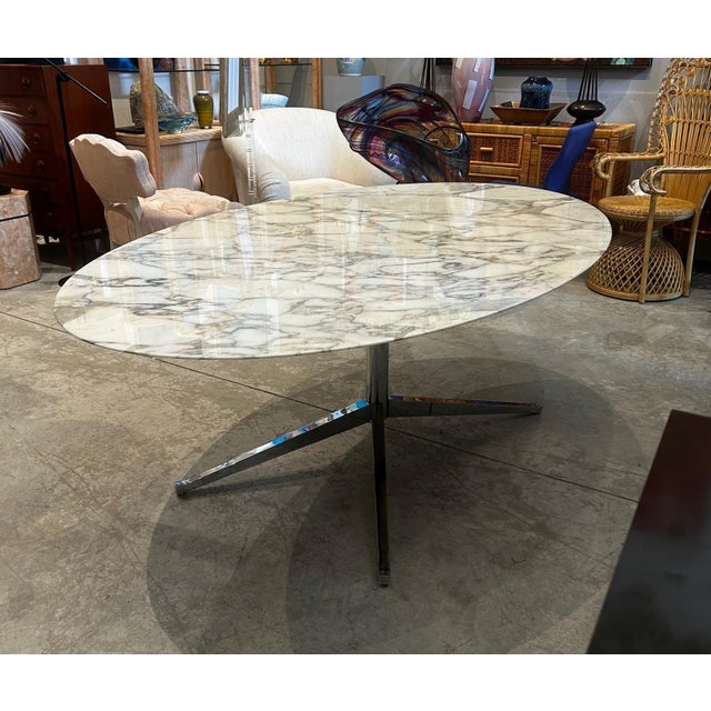Florence Knoll Oval Carrara Marble Dining Table, Signed Stainless Steel Base For Sale - Image 11 of 12