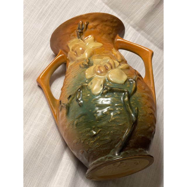 Mid-Century Modern Vintage Roseville Double Handle Vase 3d Magnolia Brown White Green Pink #90-7" For Sale - Image 3 of 10