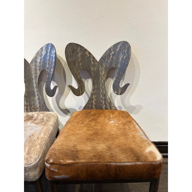 1990s Custom Steel Ram Back Pair of Accent Chairs Upholstered in Cowhide For Sale - Image 4 of 9