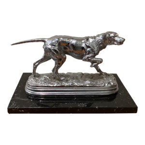 Vintage Collectible Silver Weighted Metal "Pointer Dog " Sculpture on Black Marble Base